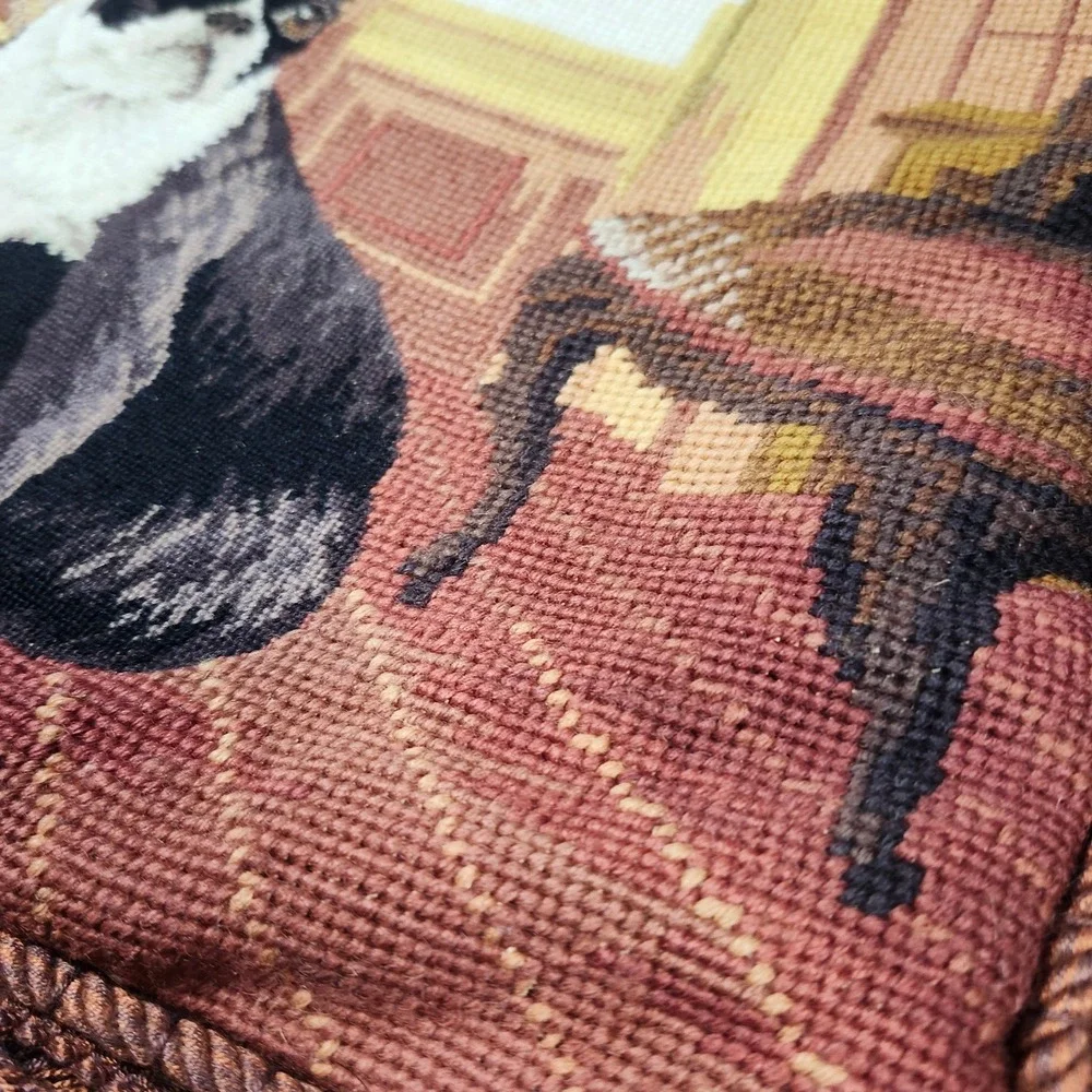 Boston Terrier Needlepoint Throw Pillow cover Wool Tassel Fringe Velvet 16x16